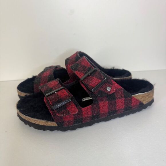 Birkenstock Arizona Shearling Slide Sandal - Red/Black Plaid | Size 39 - Picture 4 of 8